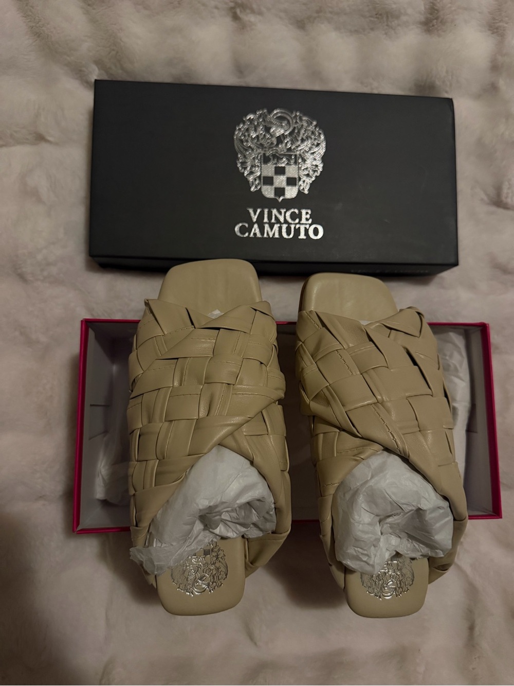 New Vince Camuto Woven Slide Sandals in Taupe